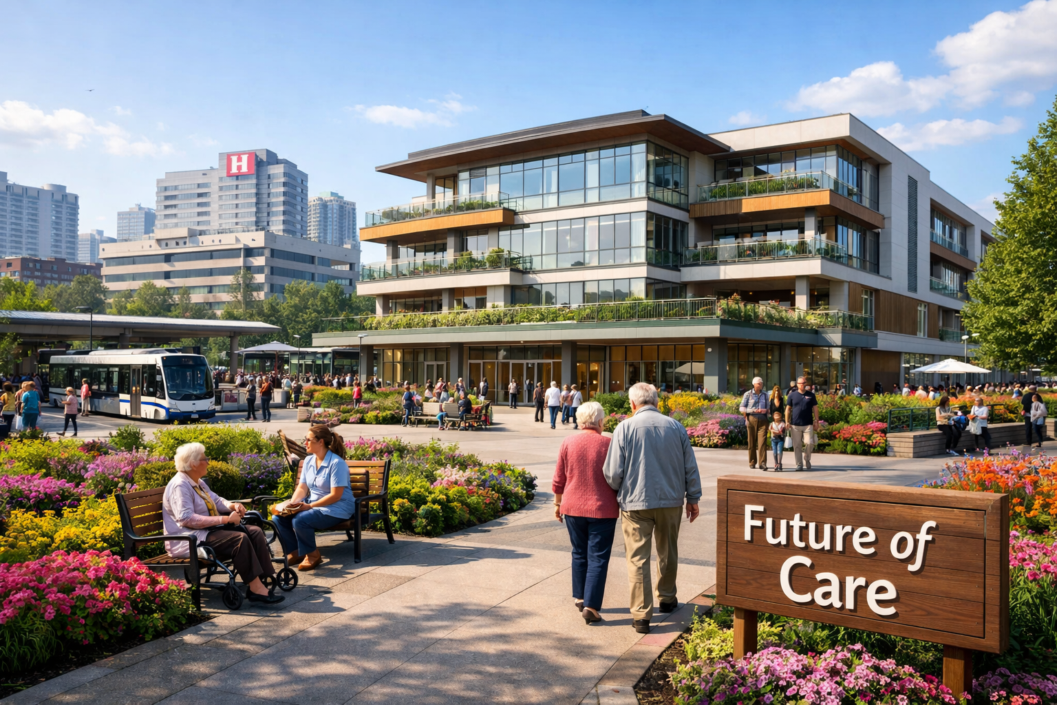 Zwei ältere Menschen gehen in richtung eines Gebäudes, dass für altersgerechtes Wohnen ausgerichtet ist.